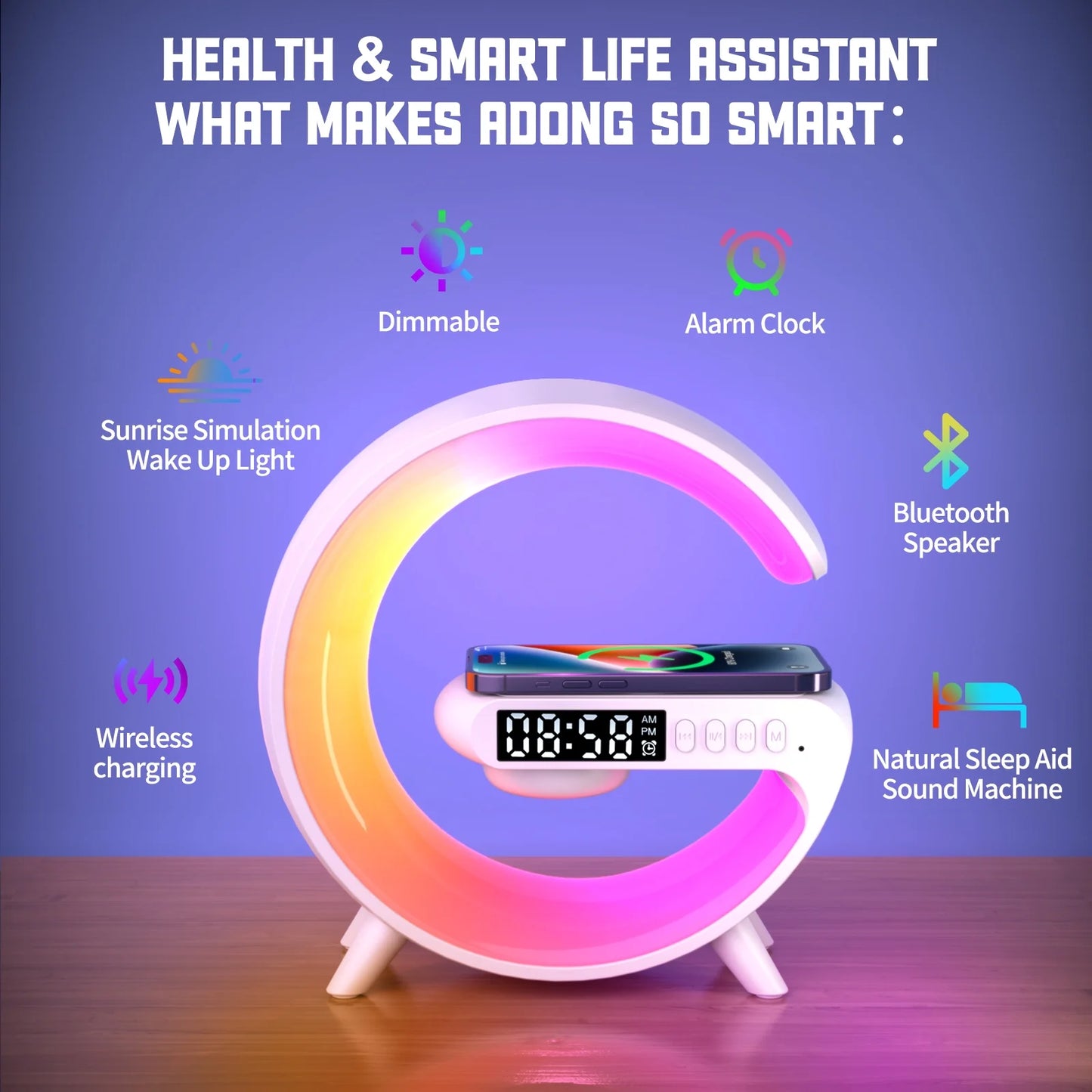 Sunrise Alarm Clock combines a gentle wake-up light with wireless charging, a Bluetooth speaker, and a customizable night light. Perfect for modern bedrooms, it enhances your mornings and creates a relaxing nighttime ambiance