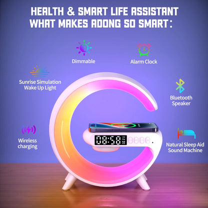 Sunrise Alarm Clock combines a gentle wake-up light with wireless charging, a Bluetooth speaker, and a customizable night light. Perfect for modern bedrooms, it enhances your mornings and creates a relaxing nighttime ambiance