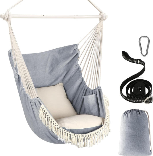 Hammock Chair with 2 Pillows & Side Pocket offers ultimate relaxation and comfort. Perfect for lounging, it includes soft pillows for added support and a convenient side pocket for storing books, drinks, or essentials