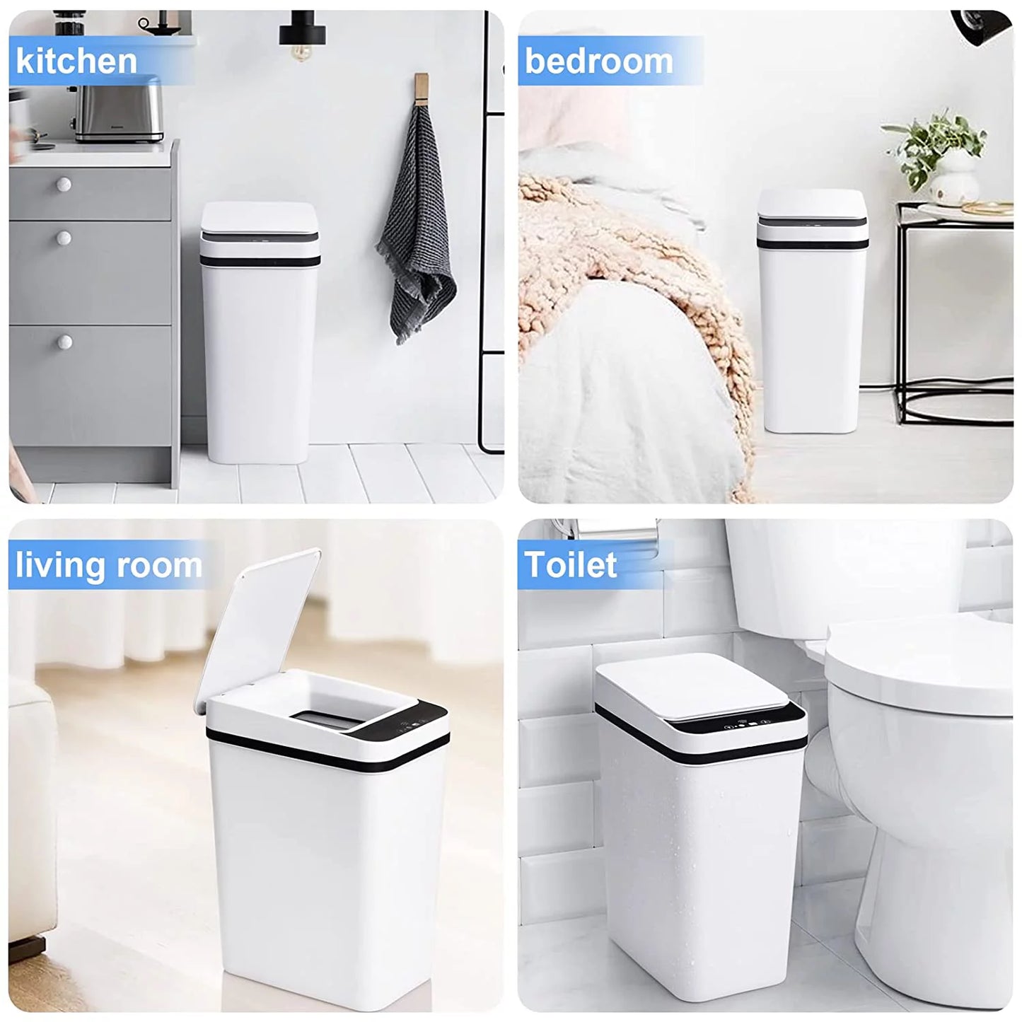 Smart Touchless Gallon Bathroom Trash Can features sensor-activated, hands-free operation for a cleaner, more hygienic bathroom experience. Its compact design and modern look make it the perfect addition to any bathroom.